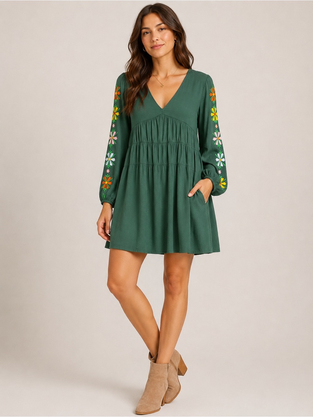 Davi & Dani Womens L Green Floral Embroidered Babydoll Mini Dress Boho Pockets